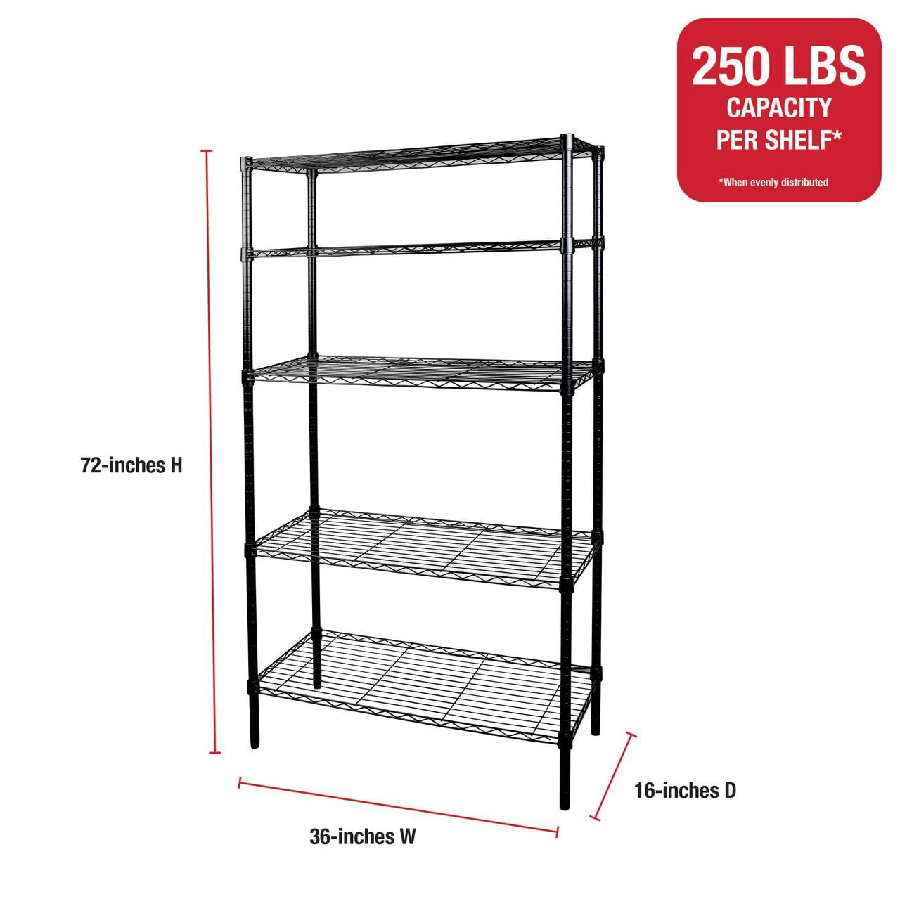 Rubbermaid Heavy Duty 5-Tier Black Wire Shelving Unit, 1250lb Capacity