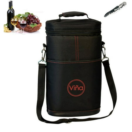 Vina 2 Bottle Wine Carrier Bag Champagne Carrying Tote Bags Picnic Vina 2 Bottle Wine Carrier Bag Champagne Carrying Tote Bags Picnic Cooler Insulated Travel Case Black Free Cork