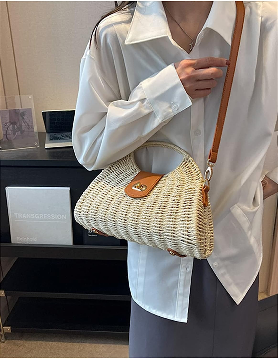 Kukuzhu Straw Handbags Women Summer Beach Tote Bag Hand Purse Vintage Wicker Woven Basket Boho Rattan Clutch Crossbody Shoulder Bag