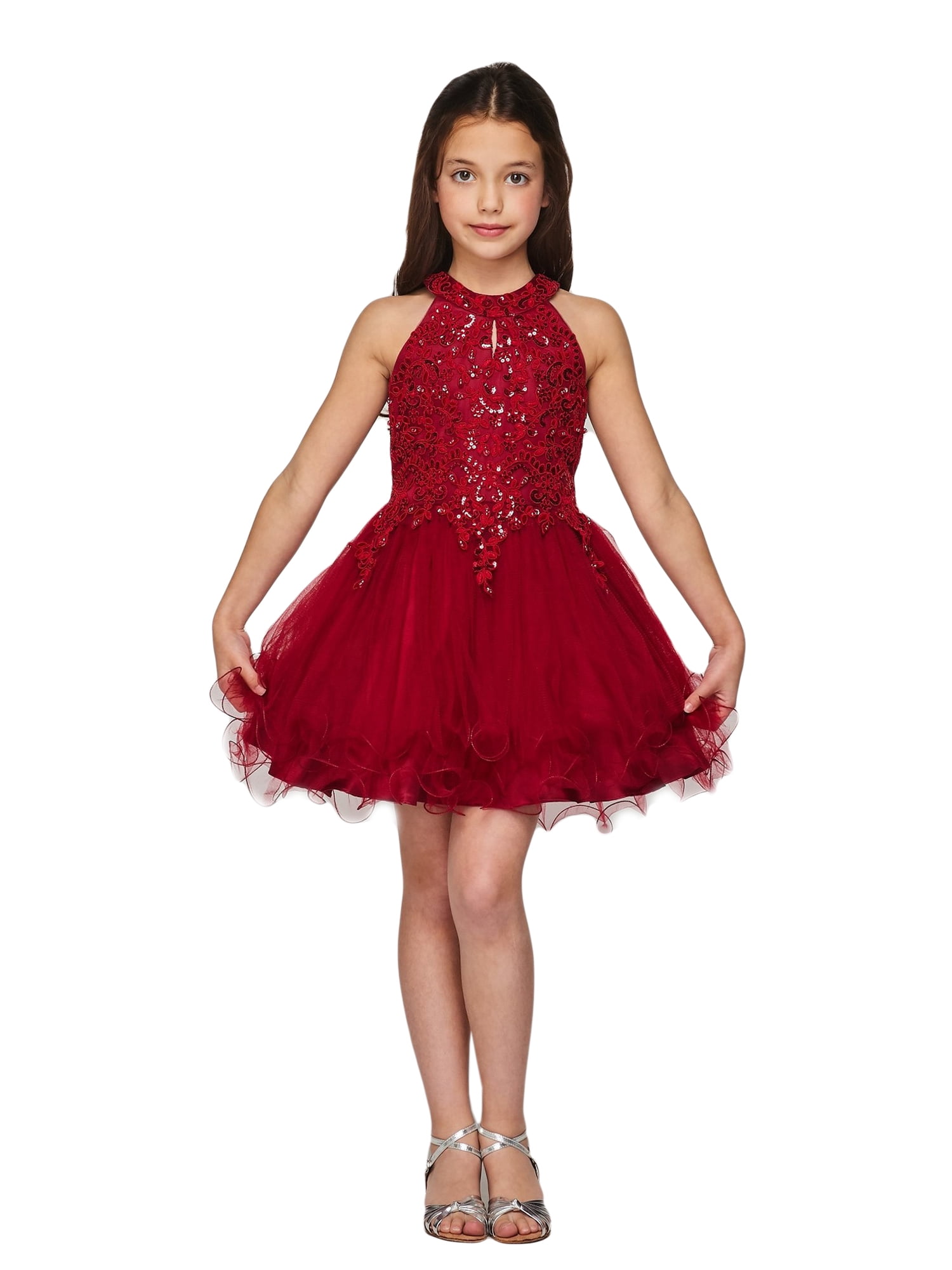 Cinderella Couture Big Girls Burgundy Halter Neck Rhinestone Party