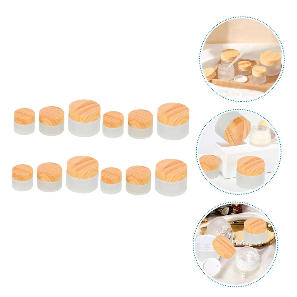 FENGGUIQU 12Pcs Glass Travel Containers for Toiletries Multiuse Leak Proof Jars with Wood Lid
