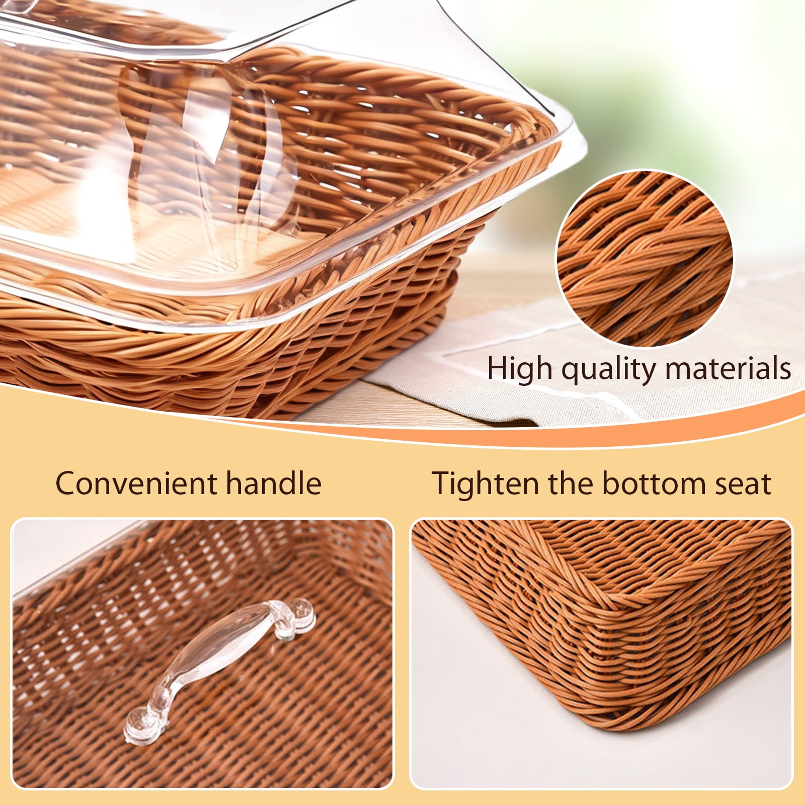 Kitchen Imitation Rattan Bread Basket,13.8''x9.8'' Large Wicker Bread Basket with Acrylic Lid,Tabletop Food Serving Basket, Fruit Tray, Rattan Food Serving Tray for Kitchen,Dining,Restaurant,Brown