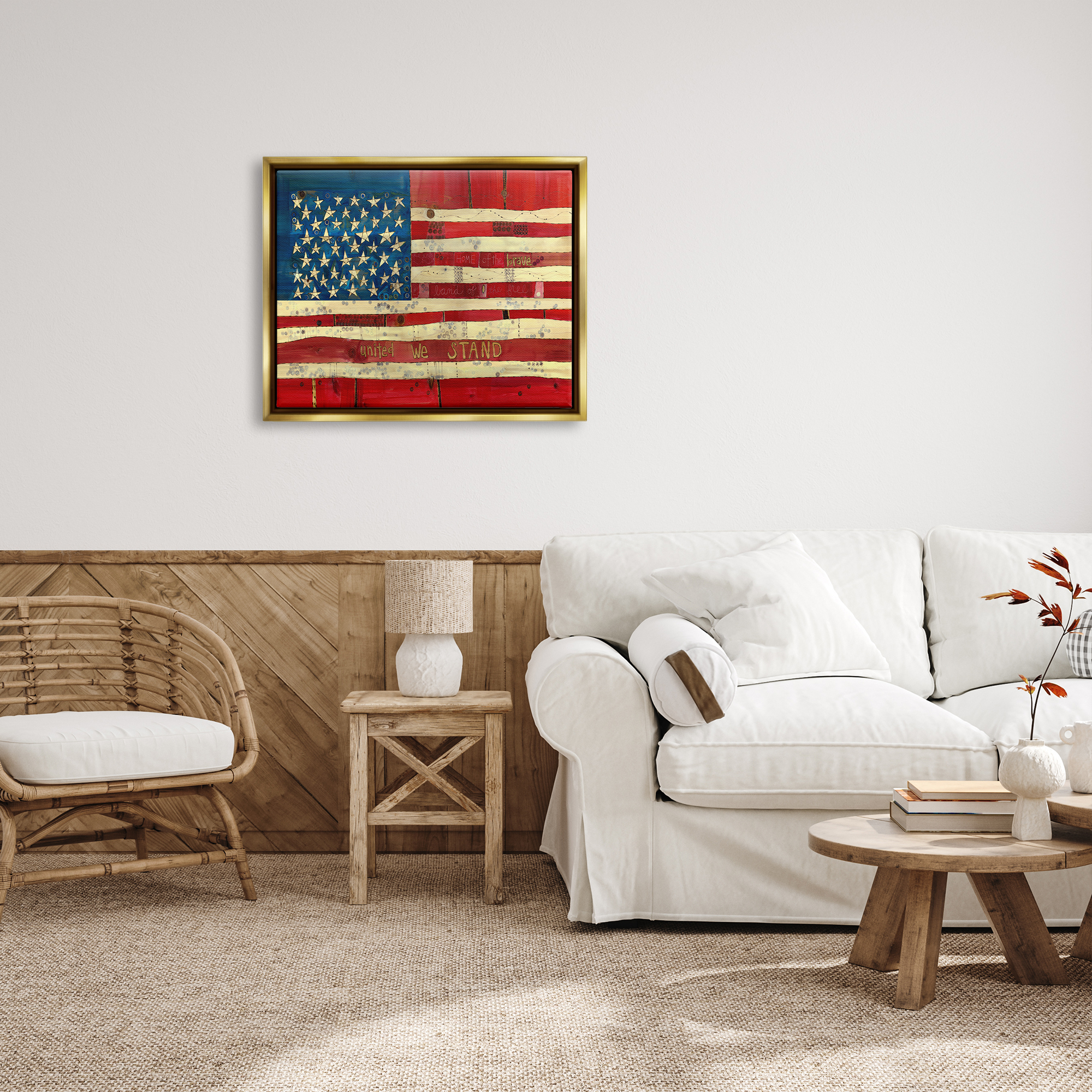 Stupell Industries United We Stand Independence Day Festive American Flag Painting Metallic Gold Floating Framed Canvas Print Wall Art, Design by Stephanie Burgess