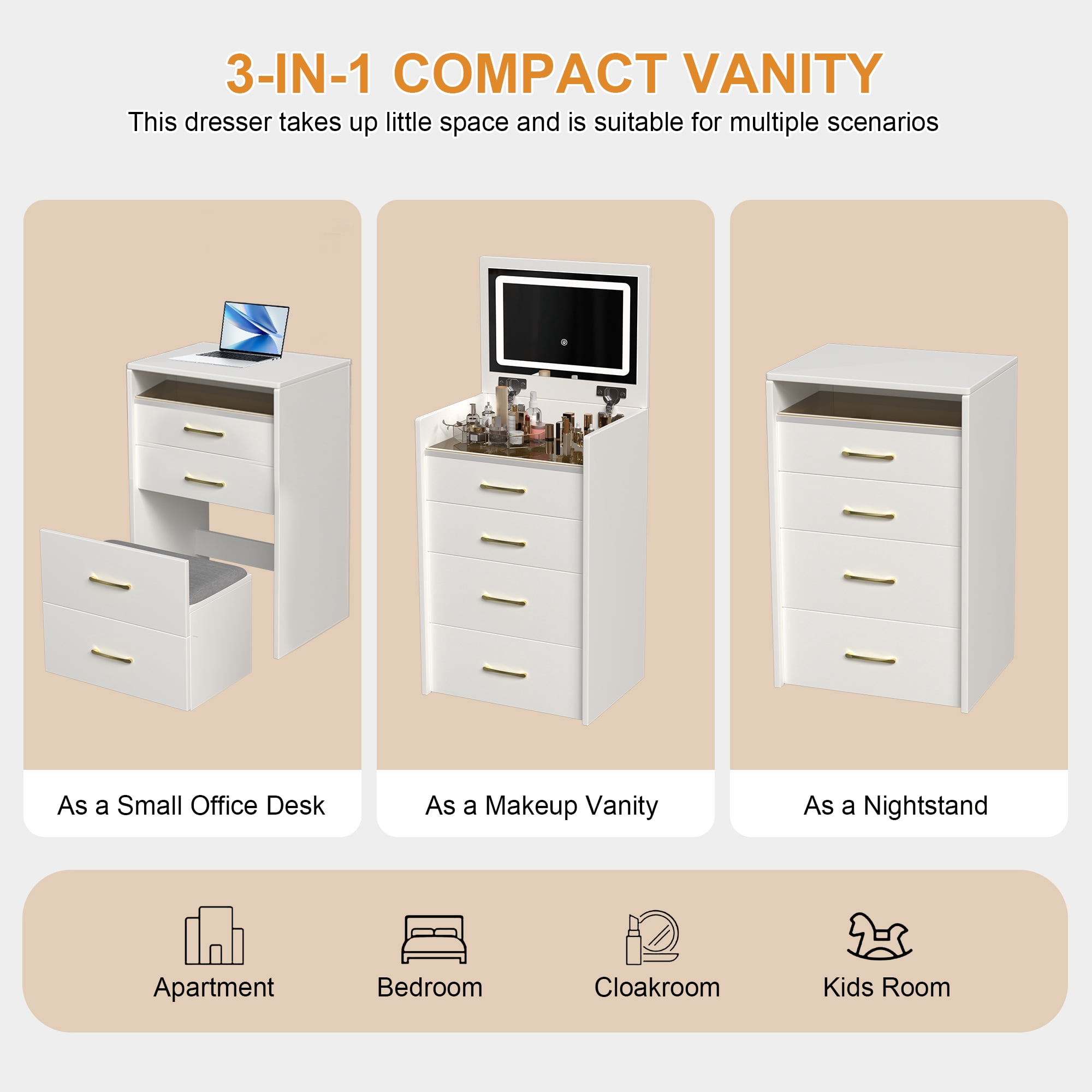 Yoneston 3 in 1 Flip Top Vanity Desk Set with Mirror and Adjustable LED Lights, Glass Top Vanity Table with Hidden Stool and Drawer for Bedroom, White