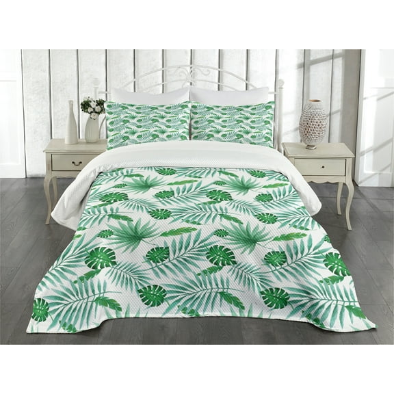Ambesonne Polynesian Quilted Bedspread Set 3 Pcs, Watercolor Leafage, Queen Size, Green and Almond Green