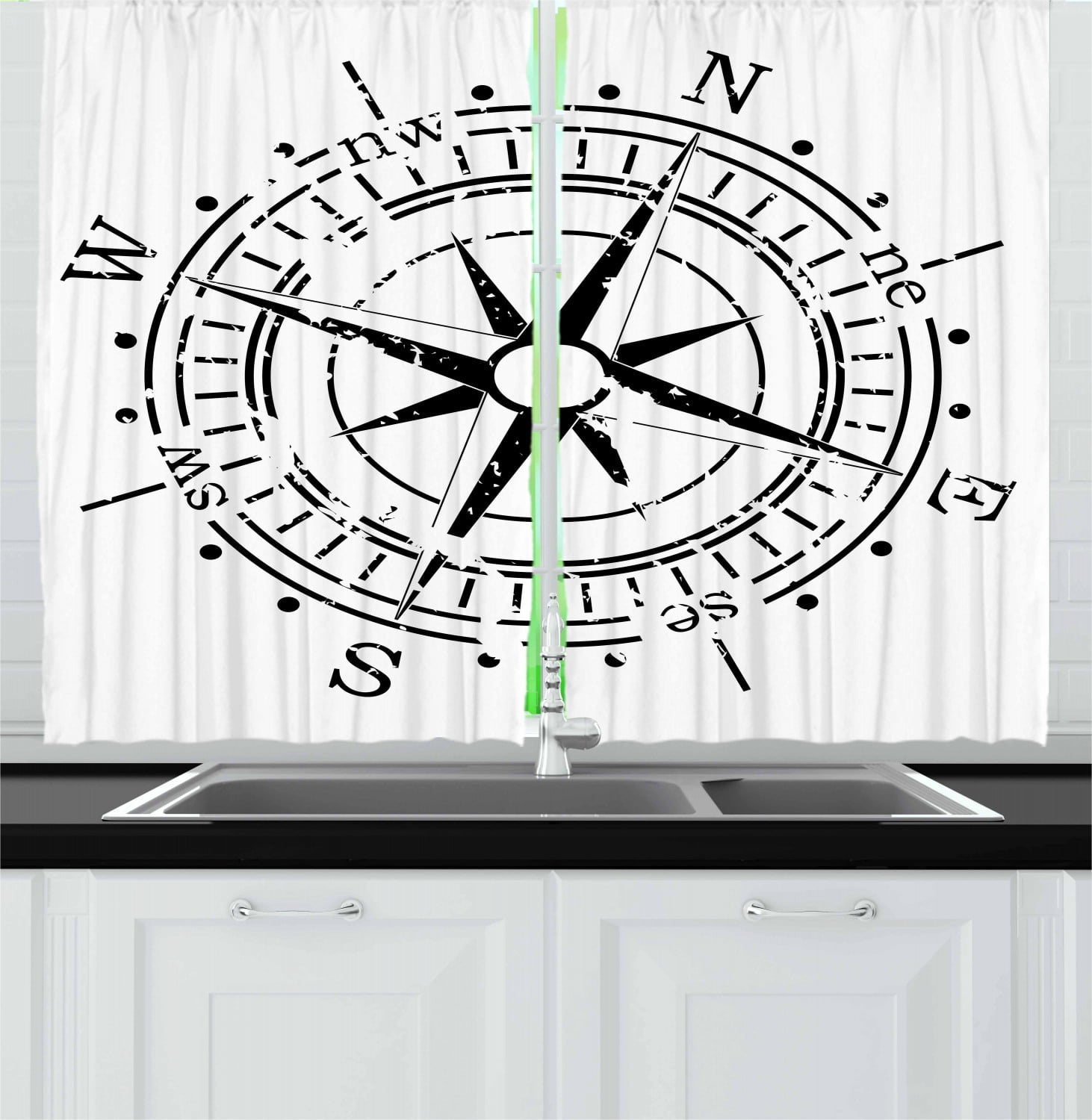 Compass Curtains 2 Panels Set, Black and White Windrose with Simplistic Design Direction Navigation Primitive, Window Drapes for Living Room Bedroom, 55W X 39L Inches, Black White, by Ambesonne