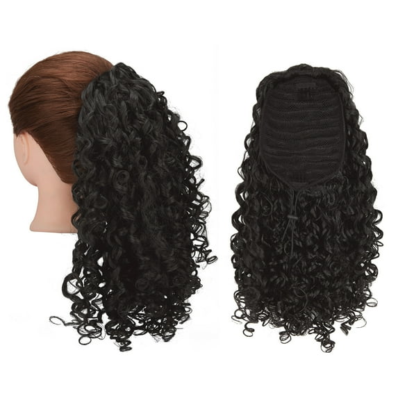 SHCKE Curly Ponytail Extensions 14 Inch Dark Black Drawstring Ponytail Extensions Afro Clip on Hair Extension Ponytail for Women