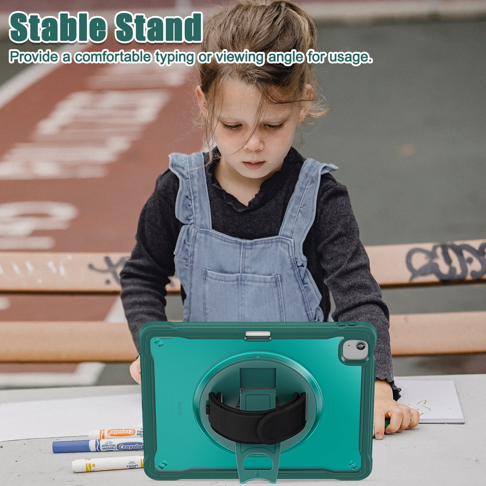 Dteck Case for iPad Air 13 inch 2025/2024,Military Grade Shockproof Silicone Cover 360° Rotatable Stand- Shoulder Strap- Handle- Pencil Holder for iPad Air 13-in. M3/M2,Darkgreen