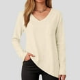 thumbnail image 2 of GEWSEY Womens 2025 Fall Long Sleeve Shirts Basic Apparel Shirts Trendy V Neck Tshirt for Women Curved Hem Tops (Beige, M), 2 of 9