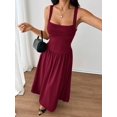 thumbnail image 4 of Petite Womens Burgundy Solid Square Neck Ruched Flared Maxi Dress For Spring Summer, 4 of 8