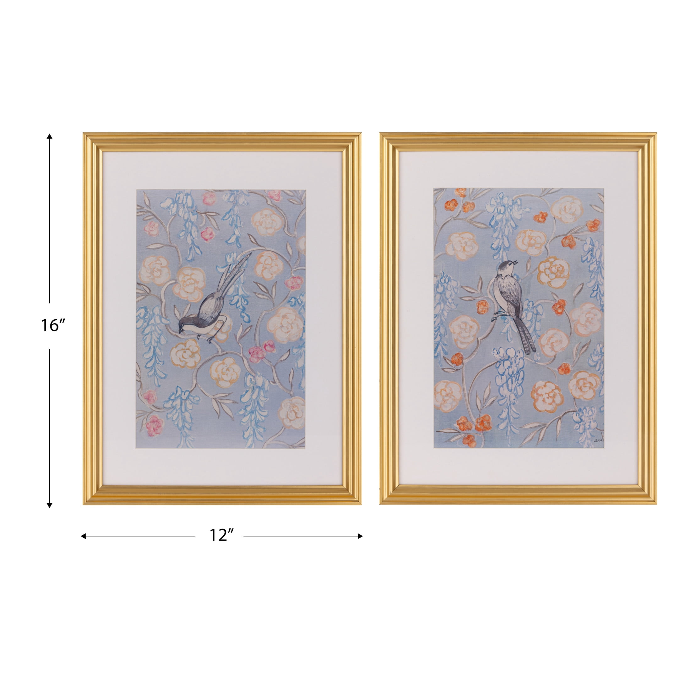 Gallery Solutions Set of 2 Framed Blue Bird Art Prints- 12x16 Floral Prints with Gold Foil Frame and Glass Matting for Elegant Wall Decor