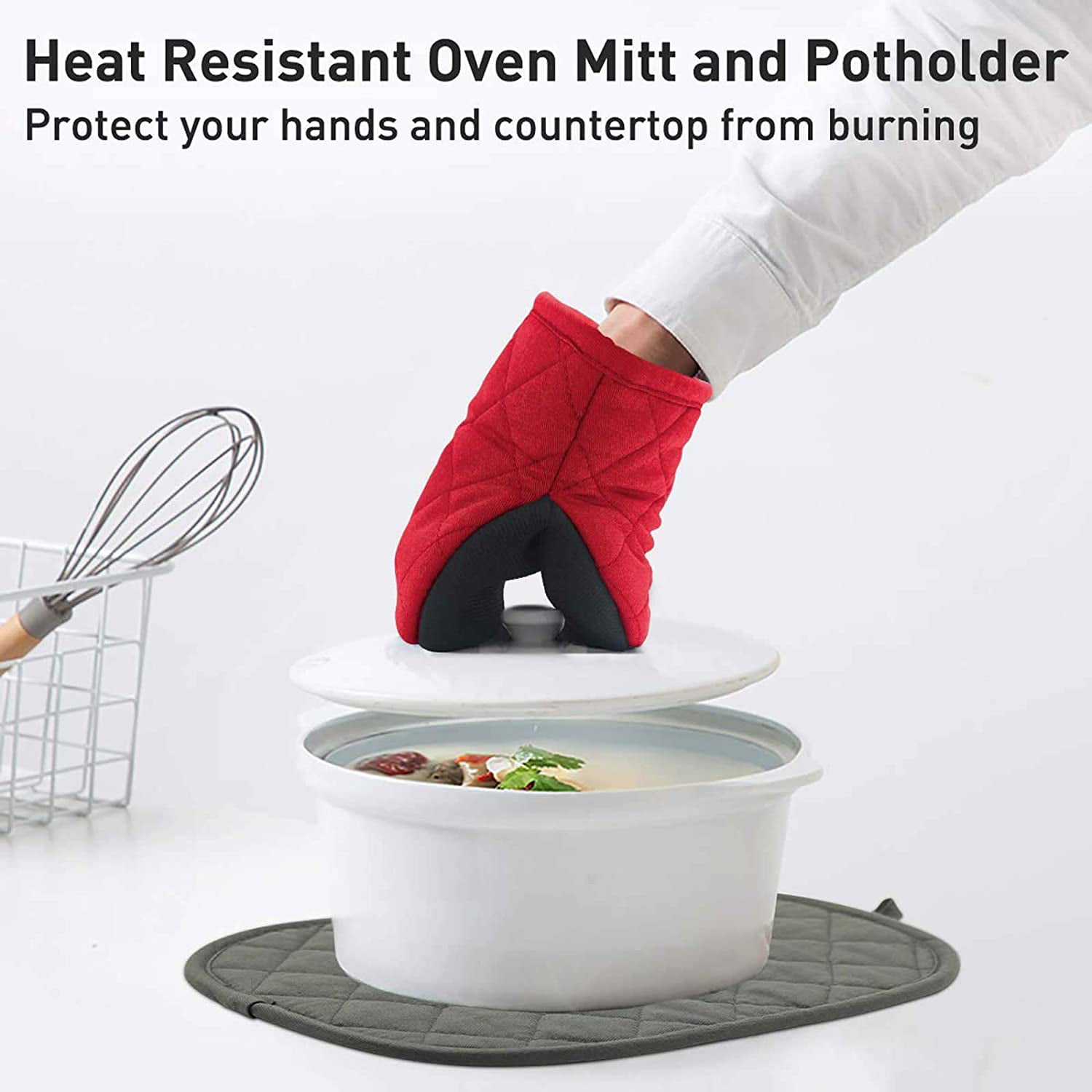 Neoprene Red Mini Oven Mitts. 2 Pack Short Small Cotton Half Finger Hand  Mits with Hang Lanyard. Heat Resistant Hot Pad Gloves for Kitchen 