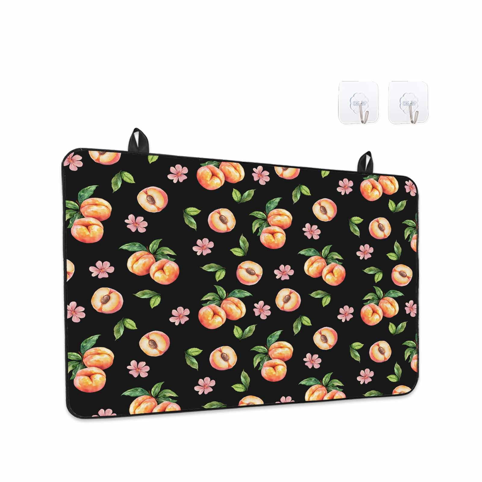 Peaches Stove Top Cover for Electric Stove, Heat-proof & Non Slip Glass Top Stove Cover Protector, Summer Fruit Flowers Spring Watercolor Black Kitchen Flat Cooktop Rubber Mat 24x21 Inches