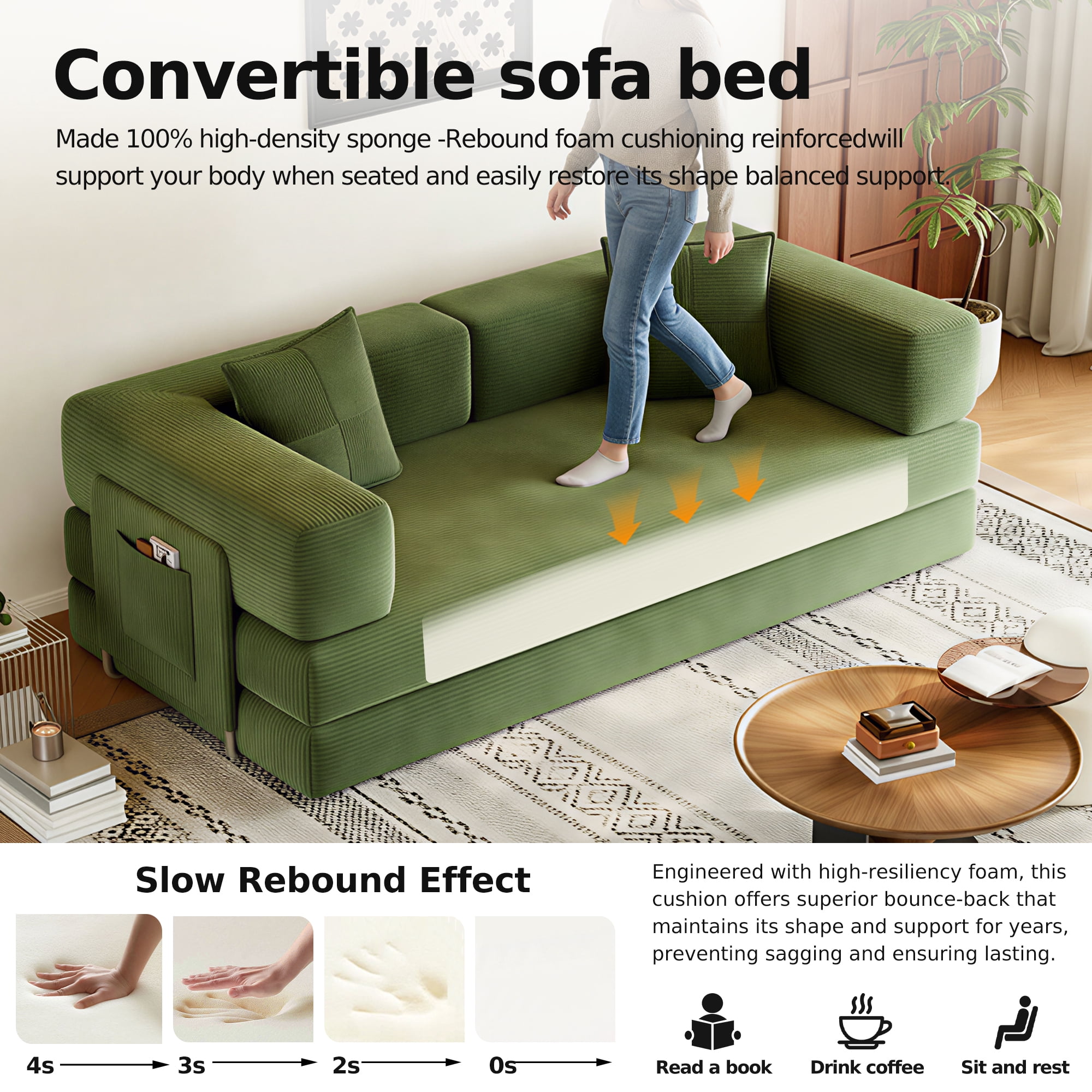 GARITIN Convertible Sleeper Sofa Bed 79 Inch, 5 in 1 Chenille Floor Sofa with High Density Foam and Side Pockets for Living Room, Green