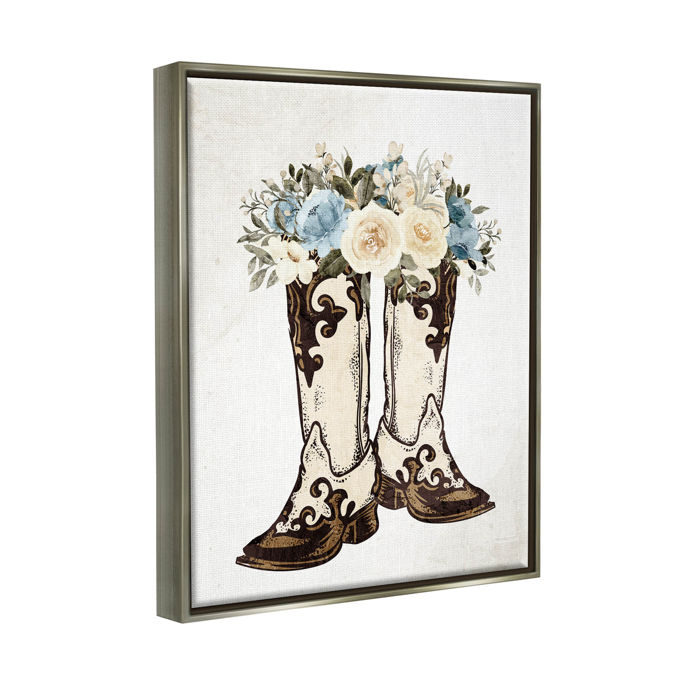 Cowboy Boot Mixed Flower Bouquet Botanical & Floral Graphic Art Luster Gray Framed Art Print Wall Art