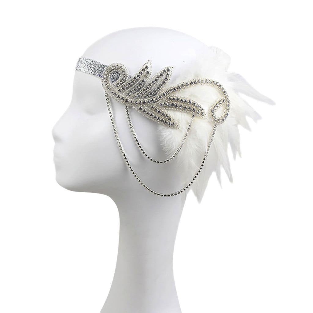 Flapper Feather Headband 1920s Accessories Crystal Beaded Wedding Headpiece 