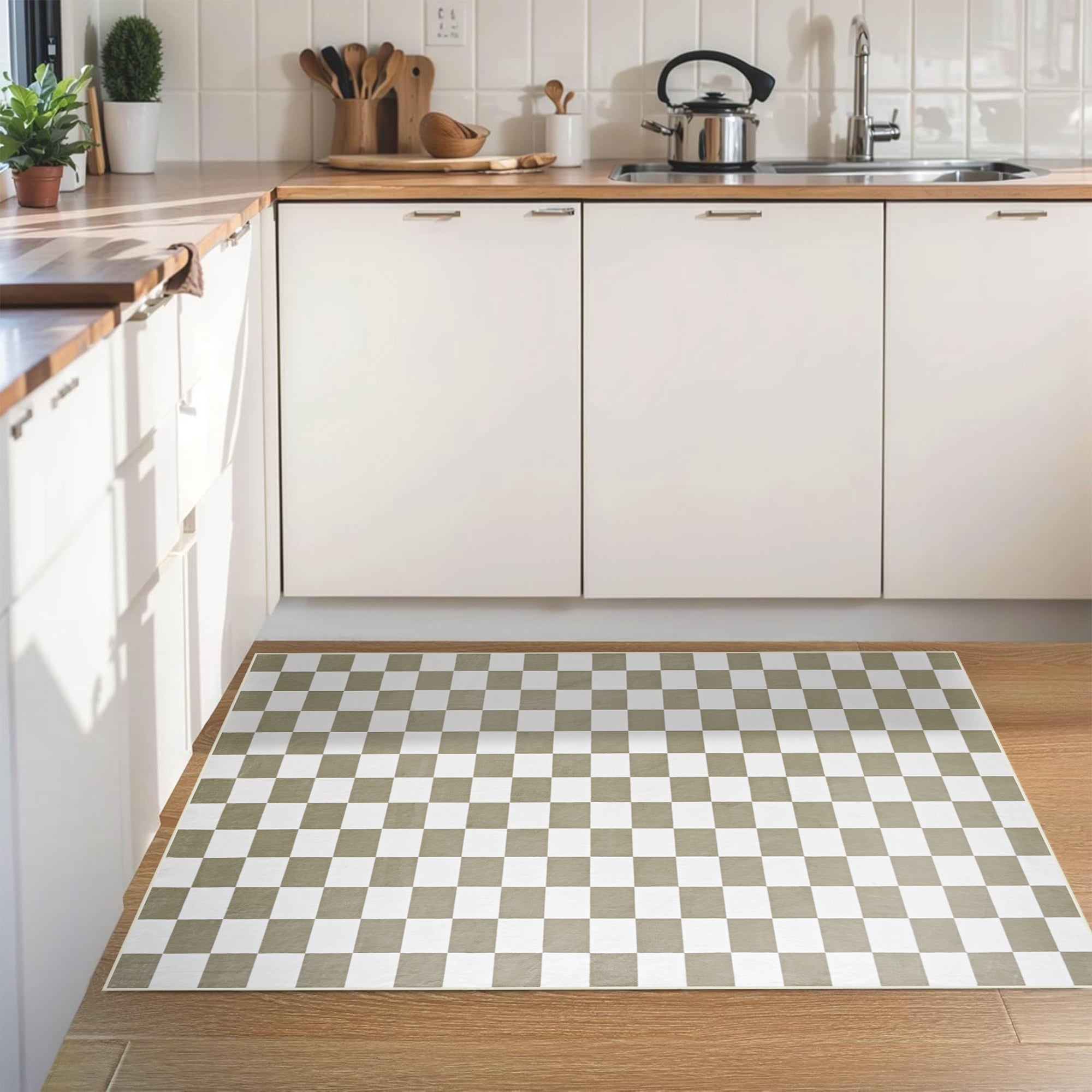 Arogan Checkered Area Rug for Living Room Bedroom Washable Rug, Camel and White,2' x 3'