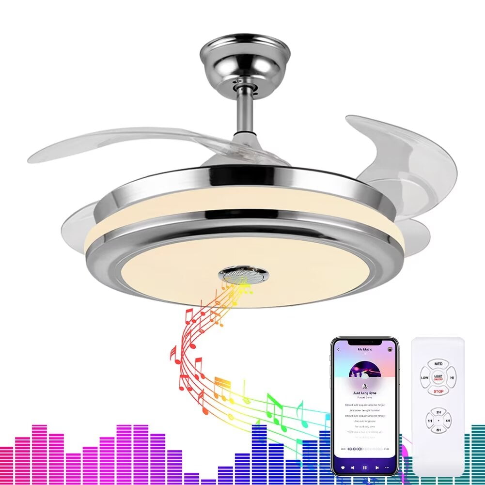 AFANQI Modern Multifunctional Ceiling Fan with Light and Bluetooth Speaker, Retractable Ceiling Ceiling Light Ceiling Fan with Remote Control, Invisible Ceiling Fan for Living Room Bedroom (42 Inch)