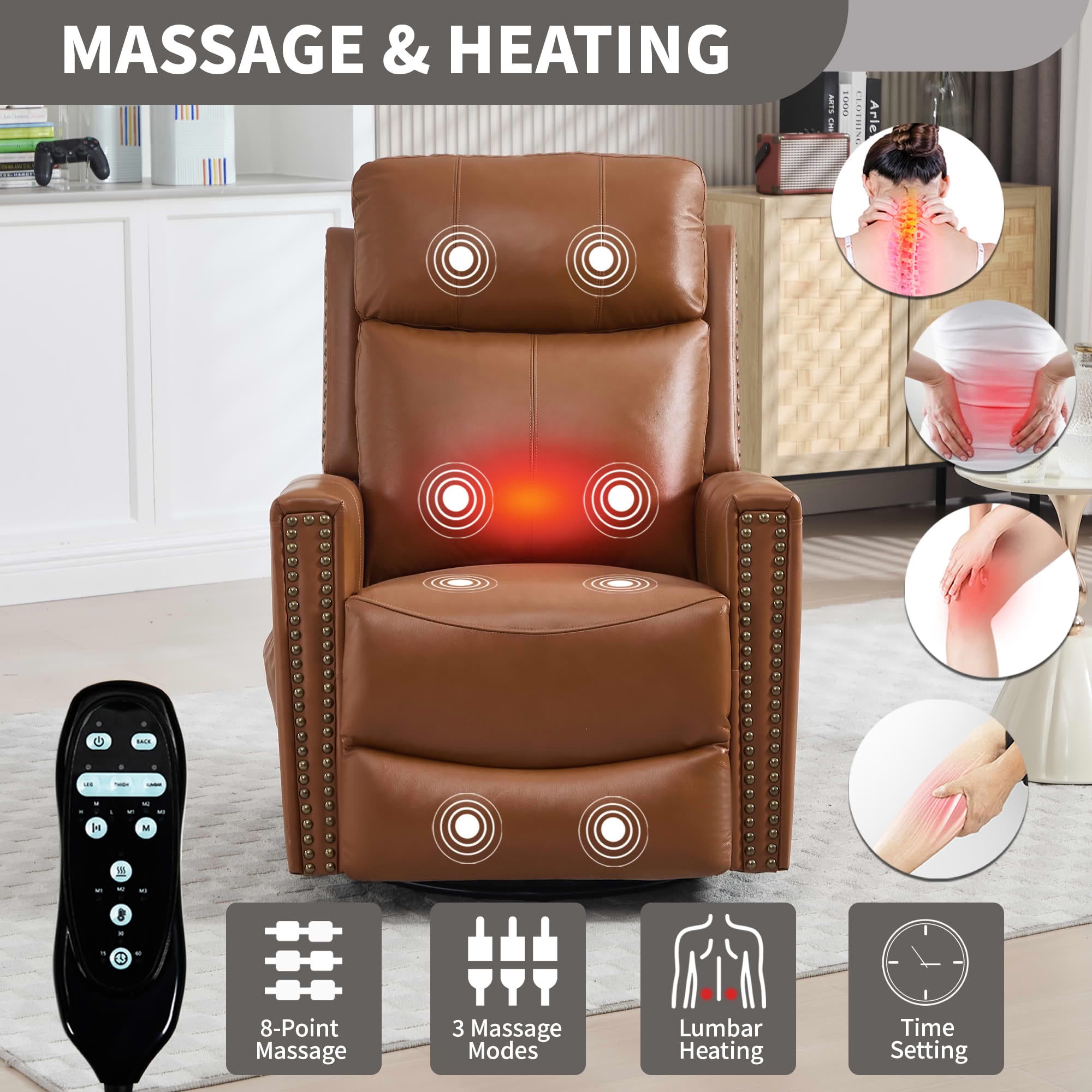 MAYEERTY Deep Yellow Genuine Leather Manual Recliner, 360° Swivel Rocker Heat Massage 31"x38"x42" for Living Room
