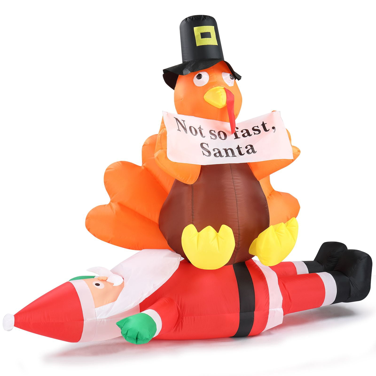 4.9FT Lighted Christmas Inflatable Decoration, Inflatable Turkey Sitting on Santa Claus, Funny Blow Up Yard Decorations with Built-in LED Lights for Holiday Party Front Yard Lawn Garden Decor