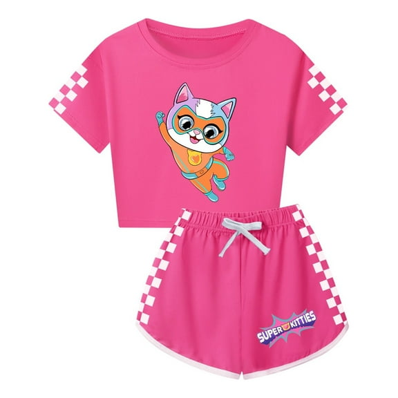 Cartoon Super-Kitties Matching Set – Girls Short Sleeve Top with Sporty Shorts – Kids Summer Playwear