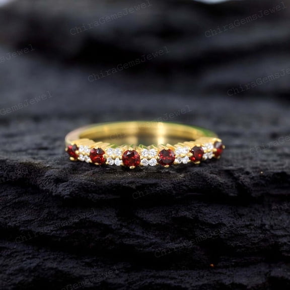 Unique Round Cut Diamond & Garnet Gemstone Anniversary Eternity Band January Birthstone Proposal Band Art Deco Christmas Gift For Love