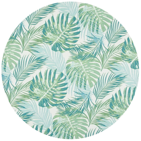 SAFAVIEH Barbados Tropical Palm Leaves Outdoor Area Rug, Green/Teal, 6'6" x 6'6" Round