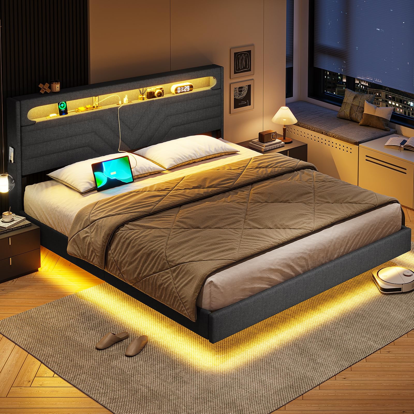 Afuhokles Queen Floating Bed Frame with LED Lights Headboard, Linen Upholstered Platform Bed with Storage Headboard, Dark Gray