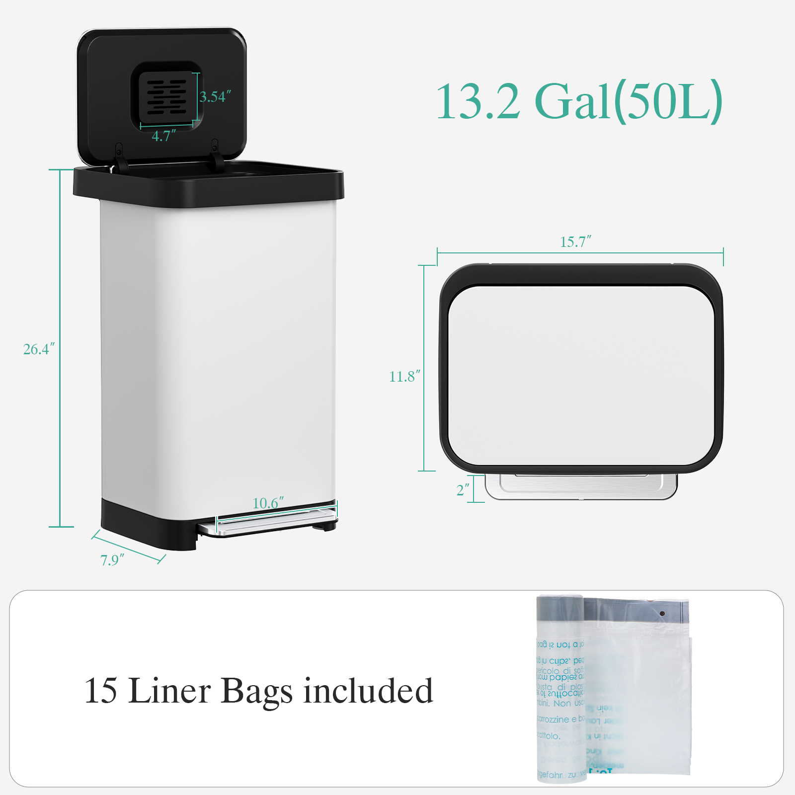 Pirecart Stainless Steel Trash Can, 13.2 Gal Large Capacity Garbag Bin with 15 Inner Bags & Rear Trash Bag Storage Compartment, Garbage Can W/ Soft-Close Lid & Built-In Deodorizer Box, White