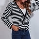 thumbnail image 5 of Chaqueta de punto de mujer con cuello en V a rayas, botones de manga larga, abrigo suelto vintage Irfora Negro/Grande, 5 of 7