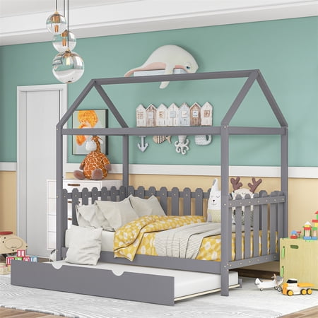 Twin Size House Bed with Trundle  2-in-1 House-Shaped Daybed with Fence-shaped Guardrail  Floor Decorative Platform for Girls Boys Teens Bedroom  No Box Spring Needed  Space-Saving Design  Gray