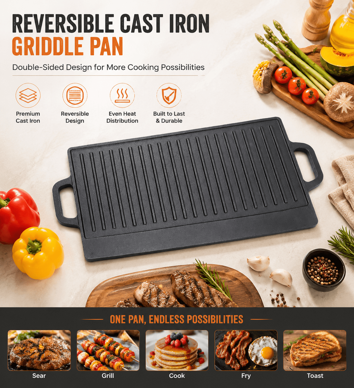 Cast Iron Grill Pan, Reversible Double-Sided Griddle for Camping, Thickened Rectangular Steak Frying Pan