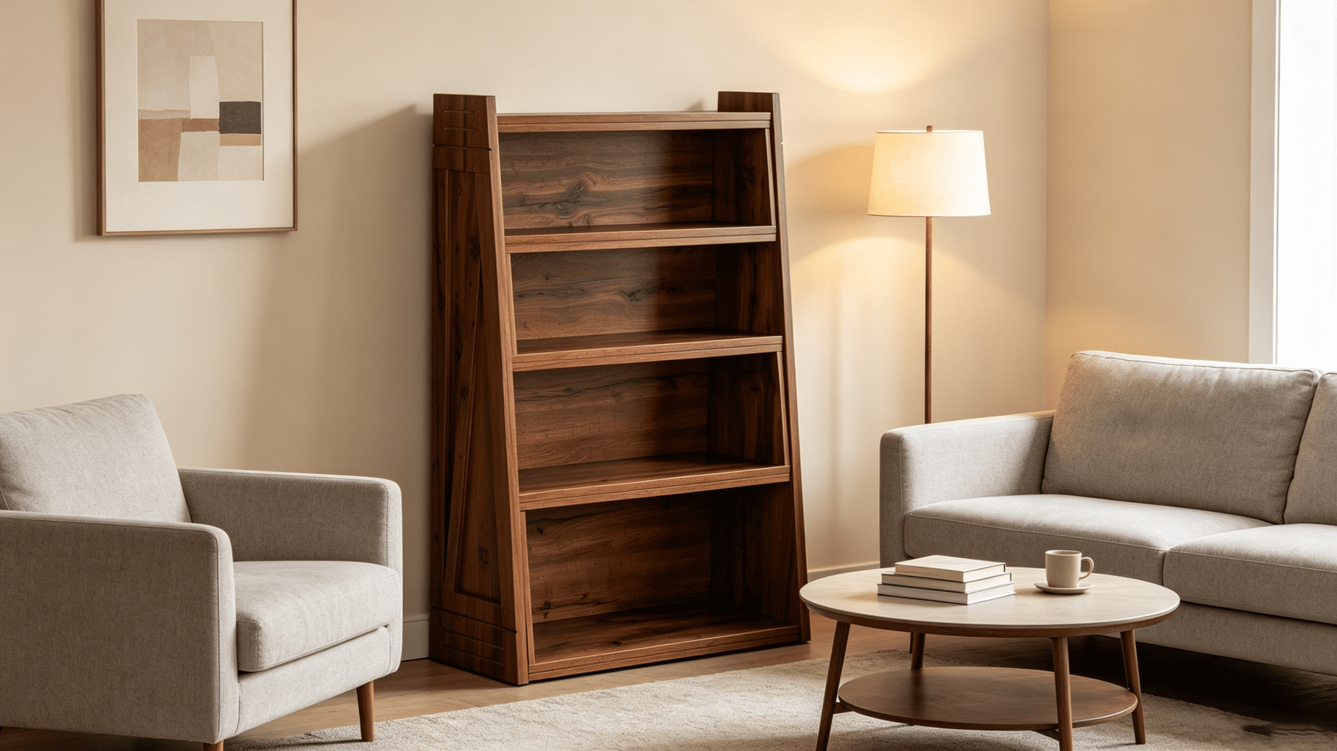 Modular Asymmetrical Bookshelf with 3 Configurable Layouts, Foldable Display Shelf and Staggered Storage Bookcase, Black Woodgrain