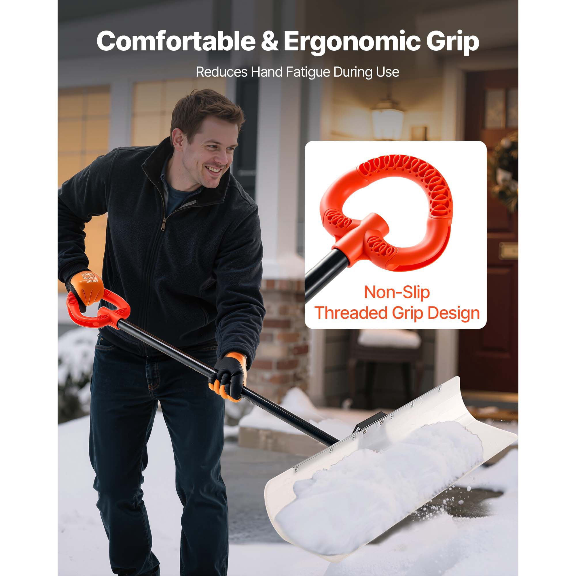 48" Snow Pusher Shovel with Metal Edge, HDPE Blade, Anti-Slip Grip, Segmented Handle, for Driveway Deck Stairs Winter Snow Removal
