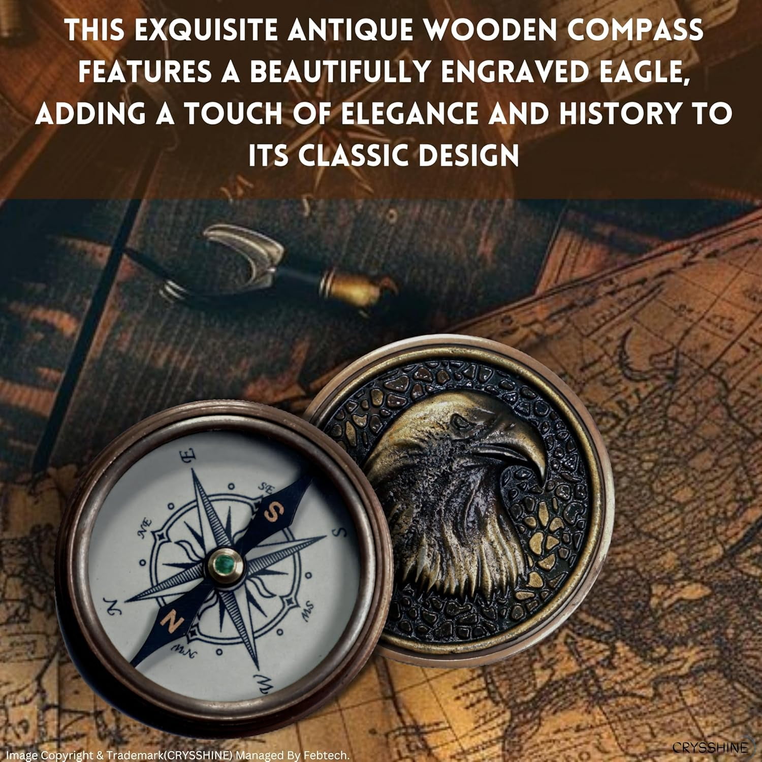 Navy Collection Solid Brass Antique Compass in Leather Case Engraved Eagle Handcrafted Wooden Box | Authentic Mystic Design | Eagle Embossed Lid for Him
