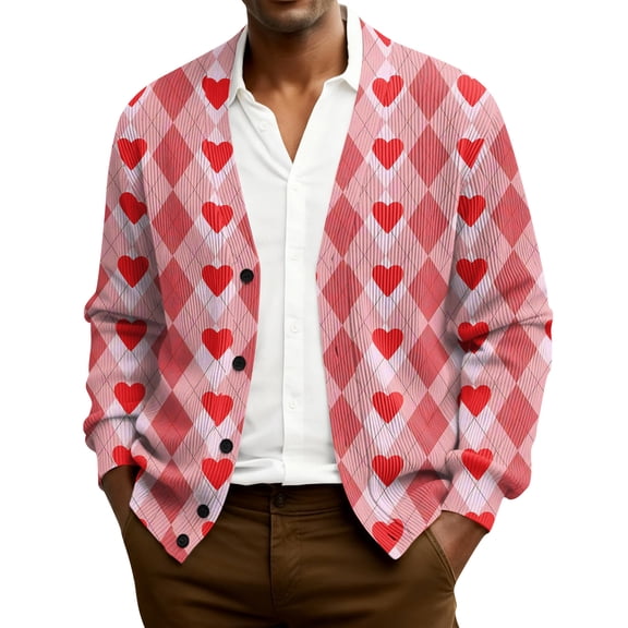 QHRMKOG Men's Cardigan Sweaters Cute Valentine's Day Heart Cardigan Graphic Relaxed Fit Long Sleeve V Neck Button Up Cardigan Sweater Casual Ribbed Knit Sweater Pink M