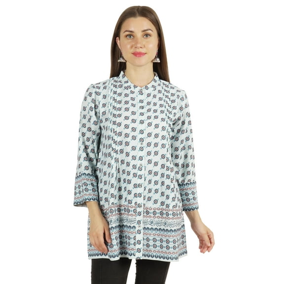 Moomaya Printed Mandarin Collar Pleated Tunic Shirt Casual Long Top For Leggings