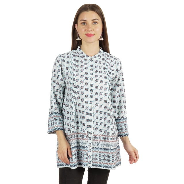 Moomaya Tunique Plissée à Col Mandarin Imprimé Haut Long Décontracté pour Leggings