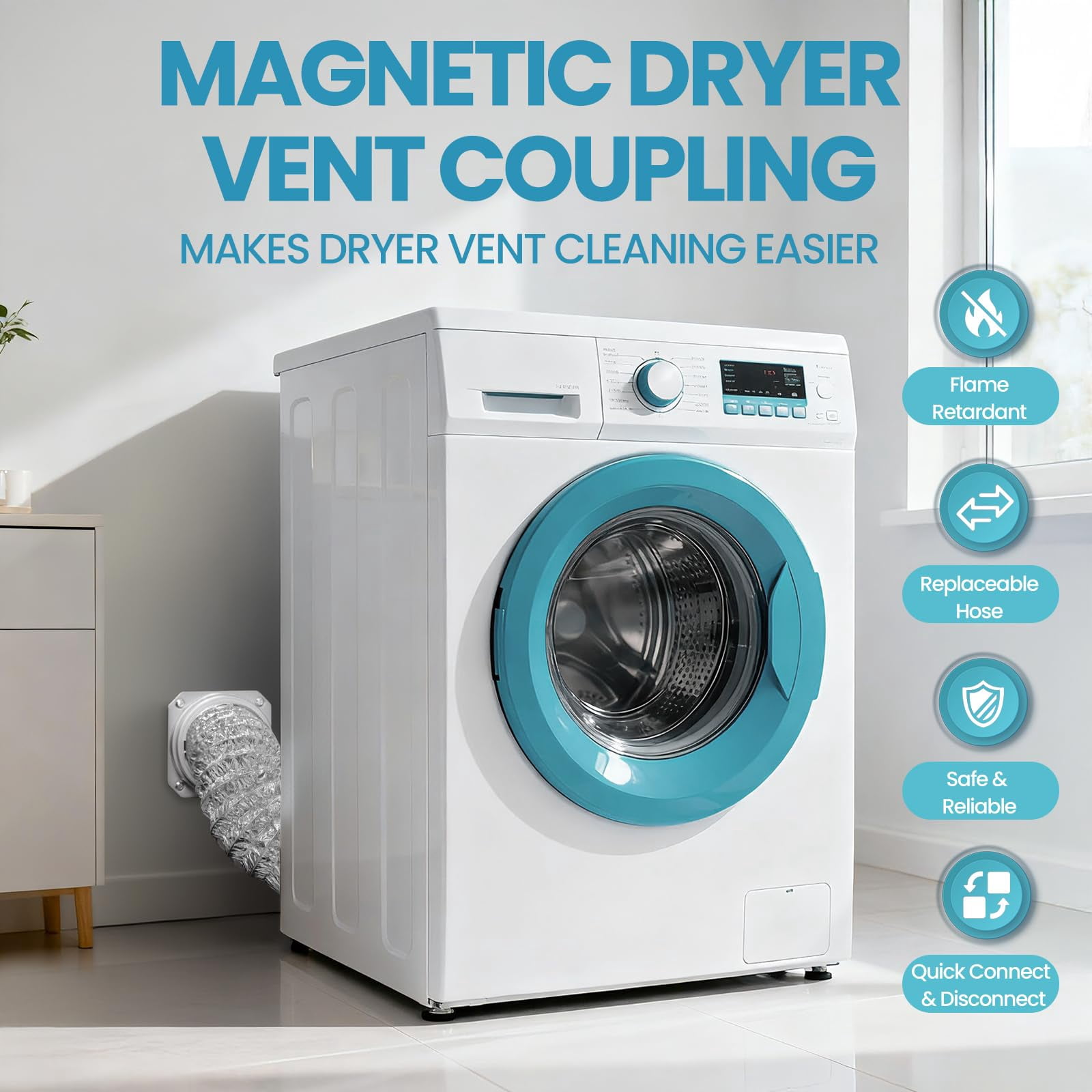 Magnetic Dryer Vent Connector Kit with Airtight Seal, 4"x2.6ft Duct & 2 Clamps, Quick Connect