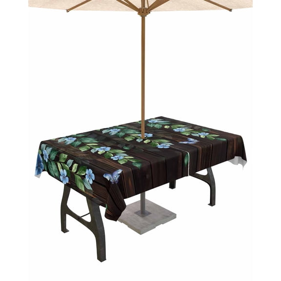 Fsddascl Blue Floral Spring Outdoor Tablecloth - 60x84 Inch Rectangle Dining Table Cover, Summer Vintage Botanical Wooden Waterproof Outdoor Table Cloth with Umbrella Hole & Zipper for Picnic/Patio