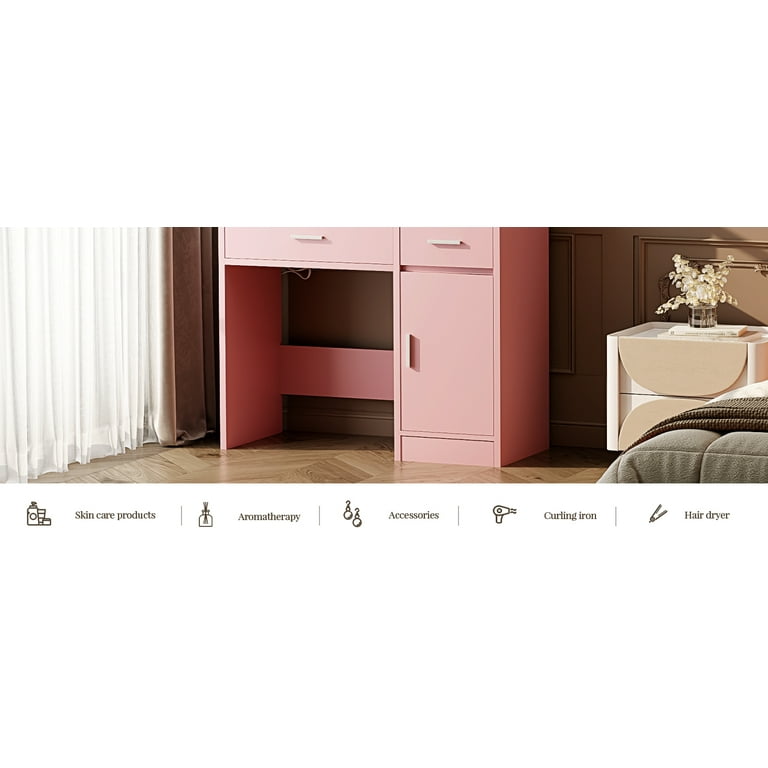 LIVELYGLOW Vanity with Lights, Makeup Vanity with Mirror, 3 Lighting Modes, for Bedroom, Pink