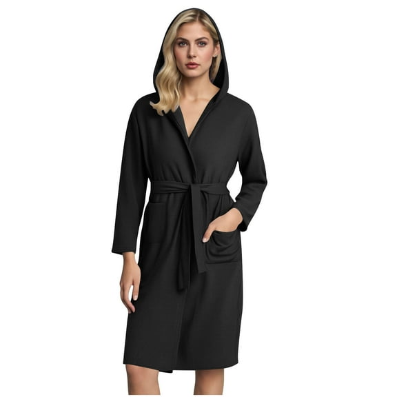 Oksale Waffle Knit Hooded Robes for Women with Belt Knee Length Bathrobes withh Pockets Loose Long Sleeve Robe Cozy Soft Ladies Nightgown Black S