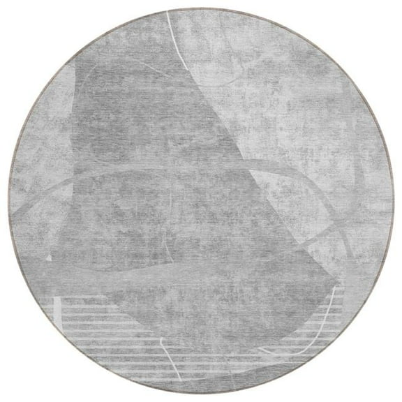 HomeRoots 587598 8 ft. Round Abstract Washable Indoor & Outdoor Area Rug, Gray, Silver & Ivory