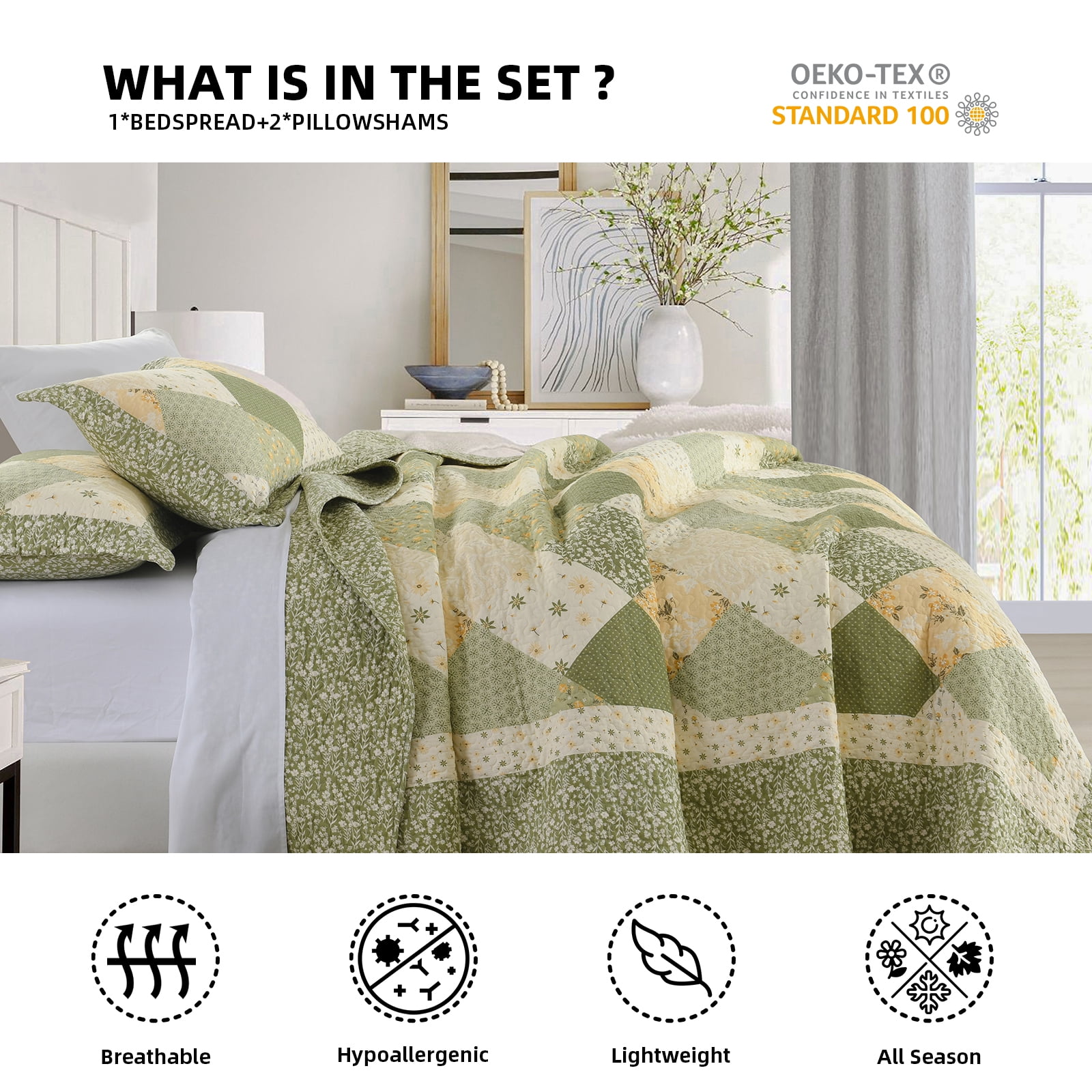 PANGUSHAN 100% Cotton 120"x120" Oversized California King Bedspread Coverlet Quilt Set, Cal King Quilted Bedspread Extra Large Wide Quilt, Floral XL Bed Spread Lightweight Comforter, 3pc, Green/Cream