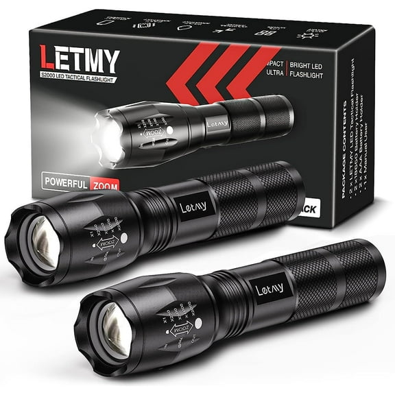 Tactical Flashlight S2000-2 Pack Bright Military Grade LED Flashlights High Lumens - Portable Handheld Flash Light, 5 Modes Zoomable Waterproof Flashlights for Home Emergency Camping Outdoor