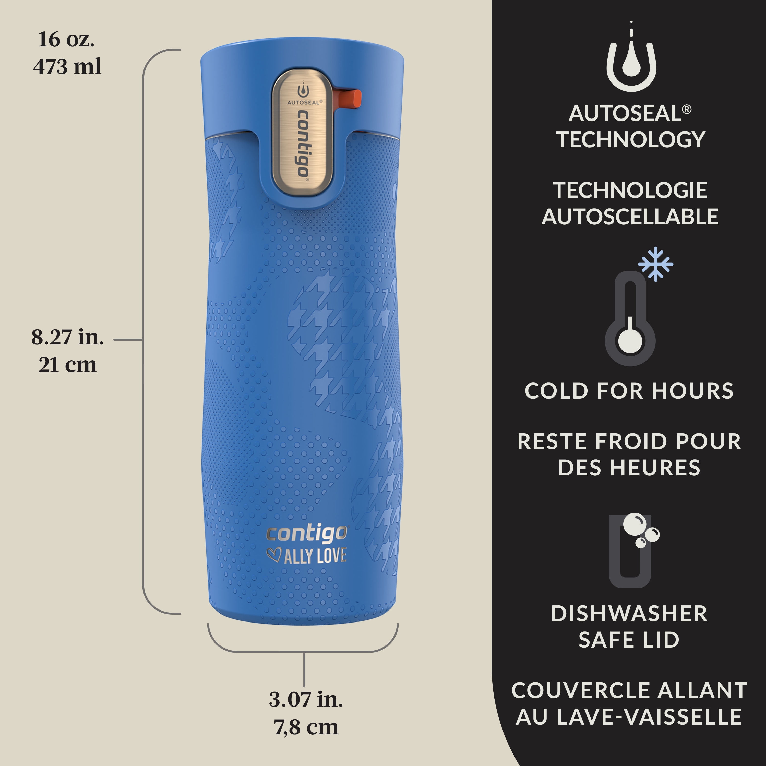 Tasse de voyage en acier inoxydable à isolation sous vide Contigo AUTOSEAL West Loop avec couvercle facile à nettoyer, 473 ml (16 oz)