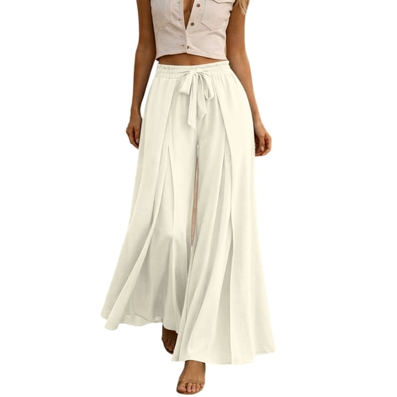 ZHYou No Boundarie Wide Leg Pants for Women High Waist Tie Front Split Flowy Lightweight Palazzo Casual Baggy Fit Trousers,Beige,Size L