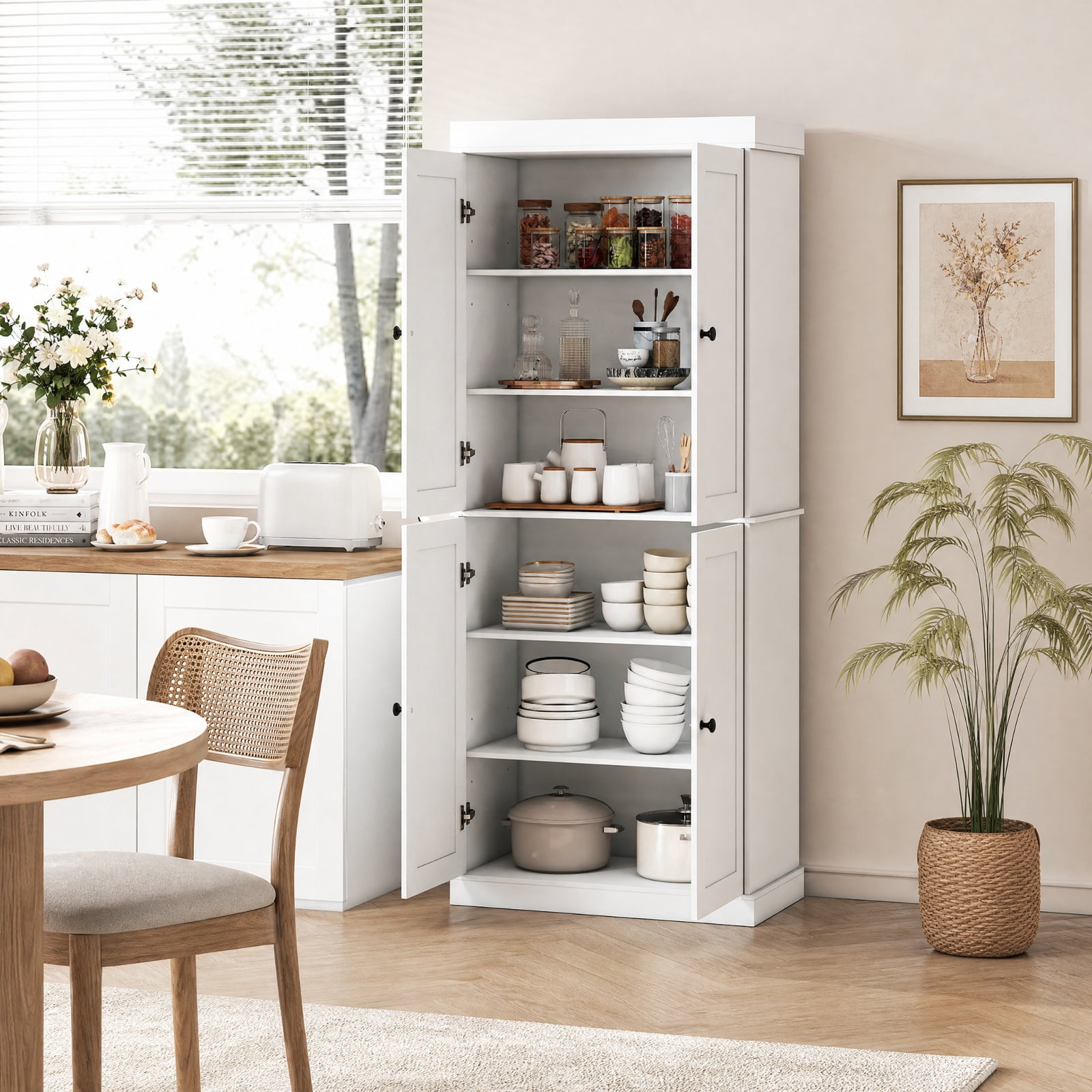 Furnibear 72.5 Inch Tall Kitchen Pantry Cabinet with 2 Adjustable Shelves Enclosed Doors and Anti Tipping Kits for Kitchen and Dining Room, White