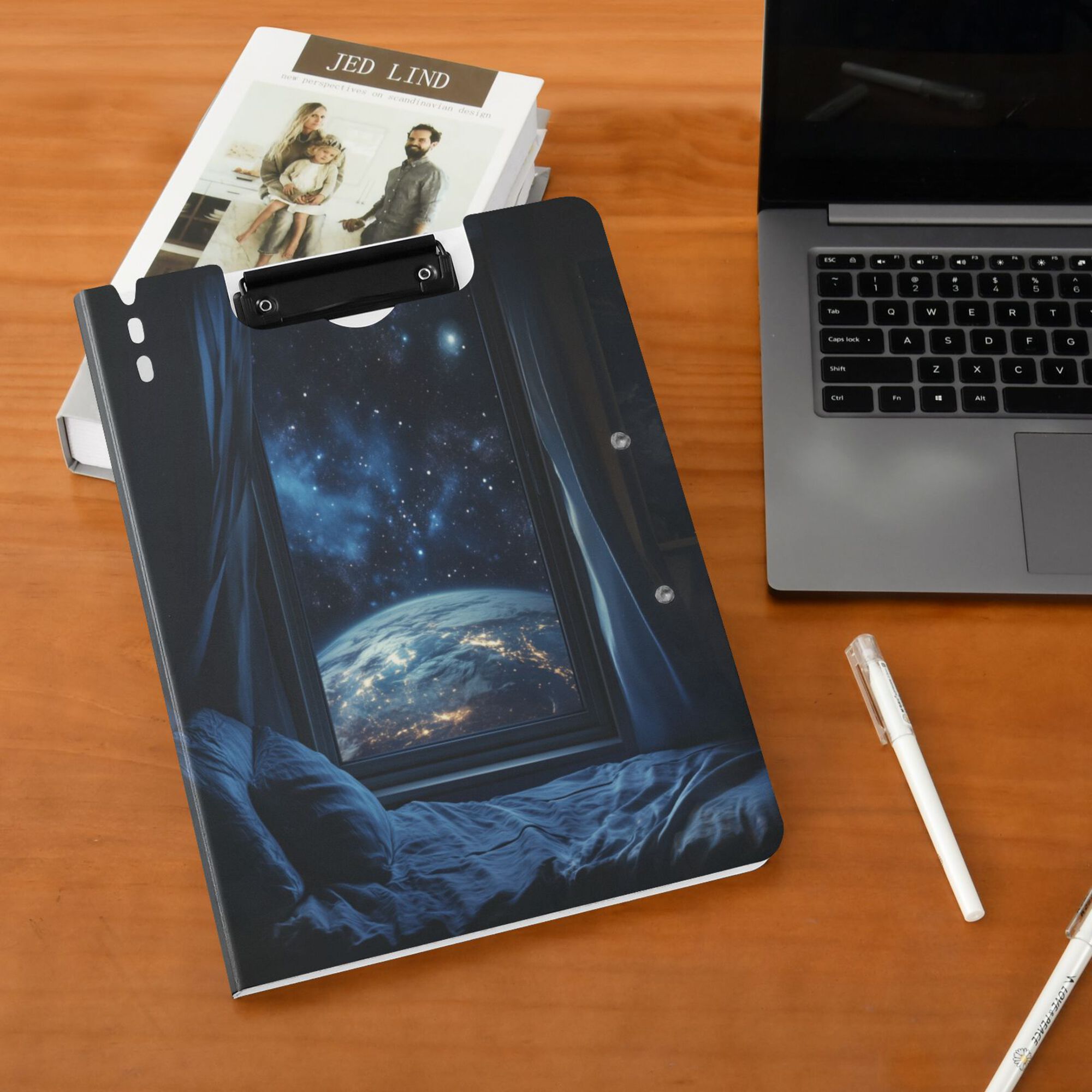 FORMRS A4 Clipboard Folder with Pen Holder Horizontal Foldable School Office Binder, Window Earth