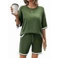 thumbnail image 3 of Womens Lounge Sets 2 Piece Outfits Short Sleeve Pullover Tops Wide Leg Pants Summer Travel Outfits  Green XL, 3 of 9